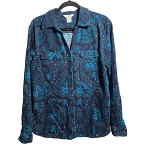 VTG Blue Corduroy Paisley Button Up Blouse 1X Long Sleeve Boho Fairy Grunge Top